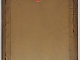 an image of a painting of a brown frame with a red sticker on it