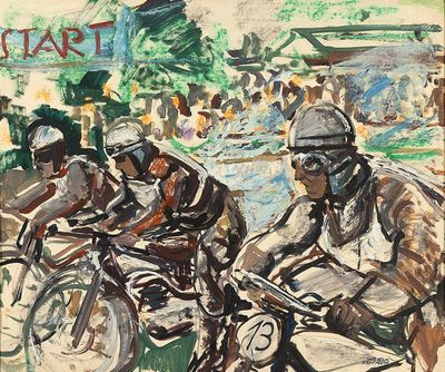 tableau représentant un groupe d'hommes à moto descendant une rue