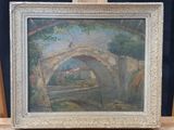 an oil painting of a bridge over a river with a bird flying over it