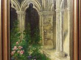 une peinture à l'huile représentant un jardin avec des fleurs et des arcades