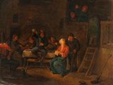 painting of a group of people sitting around a table in a room