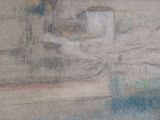 a drawing of a boat in the water with a building in the background