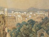 a painting of a view of a city from a hill