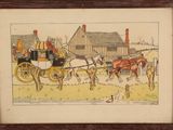 painting of a horse drawn carriage with a man and a dog in front of a house