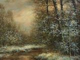 une peinture à l'huile représentant un ruisseau dans une forêt, avec de la neige au sol