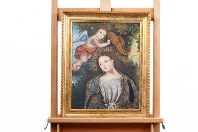un tableau posé sur un chevalet, représentant une femme