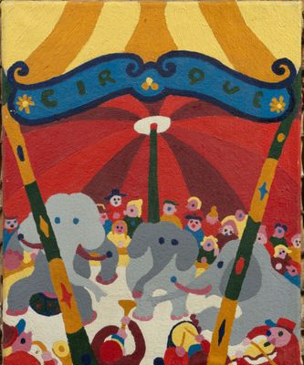 un tableau représentant un cirque avec des éléphants et des clowns