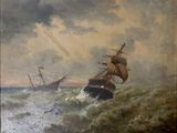 tableau représentant deux bateaux sur une mer agitée, avec le ciel en arrière-plan