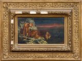 une image représentant un tableau où figurent un lion et un chien dans un paysage rocheux