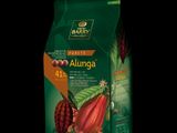 a bag of chocolate with cocoa beans on a black background