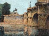 tableau représentant un homme à cheval traversant un pont au-dessus de l'eau