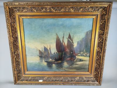 une peinture à l'huile représentant des bateaux sur l'eau, avec une ville en arrière-plan