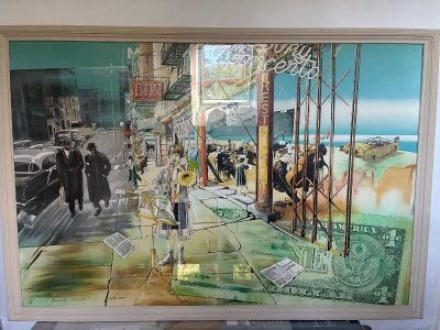 a picture of a painting of a man walking down the street