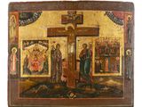 un vieux tableau représentant un crucifix surmonté d'une croix