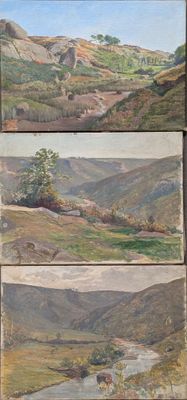 four paintings of a landscape with a river and hills in the background