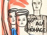 painting of a woman and a man holding a sign that says non au honage