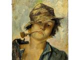 tableau représentant un homme avec une pipe à la bouche et un chapeau sur la tête