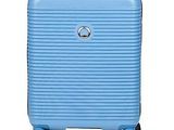 valise bleue à roulettes sur fond blanc