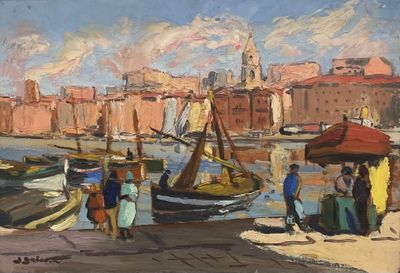 un tableau représentant un groupe de personnes debout près d'un port