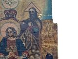 an old painting of a woman with a crown and a man holding a sword
