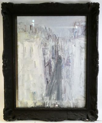 an oil painting of a cityscape in a black frame hanging on a wall