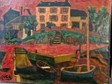 tableau représentant des bateaux devant une maison, avec un ciel rouge