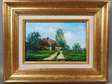 une peinture à l'huile représentant une maison dans un champ, avec un chemin de terre