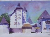 une aquarelle représentant un château avec une tour horloge