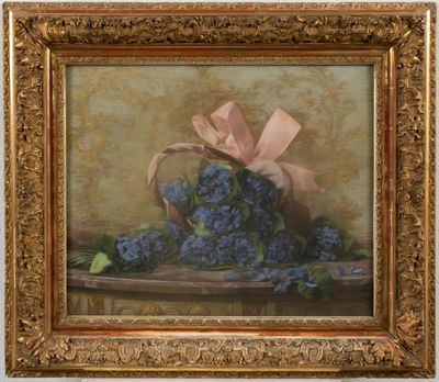 an oil painting of a basket of blue flowers with a pink bow