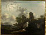 painting of a landscape with a castle in the distance and cattle in the foreground