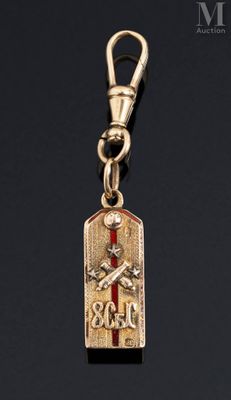 a close up of a keychain with a skull and crossbone on it