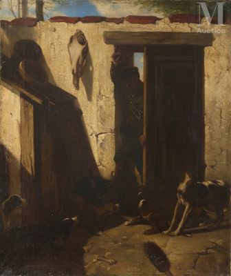 une image représentant un tableau où l'on voit un homme debout dans l'embrasure de la porte d'un immeuble
