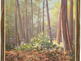 une peinture à l'huile représentant une scène forestière avec des arbres et des feuilles
