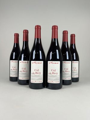 six bouteilles de vin rouge sont alignées