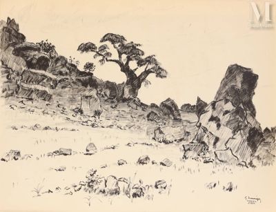 une image représentant un dessin en noir et blanc d'un arbre sur une colline