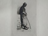 drawing of an old man with a cane and a hat