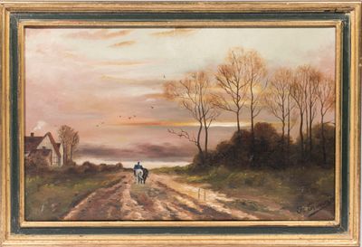 une peinture à l'huile représentant un homme à cheval sur un chemin de terre
