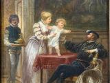une image représentant un tableau où l'on voit un homme et une femme assis à une table avec un chien