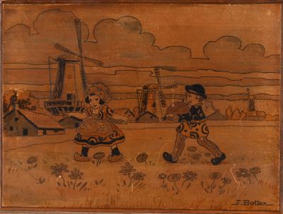 tableau représentant deux enfants jouant dans un champ, avec un moulin à vent en arrière-plan