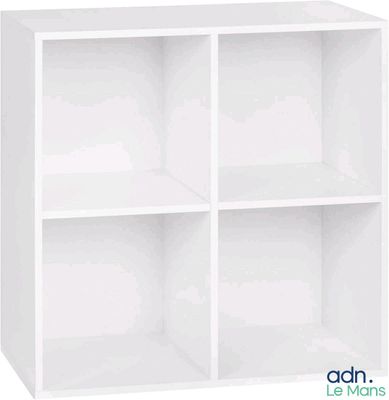 a close up of a white bookcase with four shelves