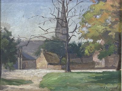 une peinture à l'huile représentant le clocher d'une église dans un cadre champêtre