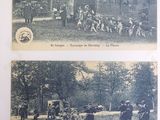 two black and white photos of people and animals in a field