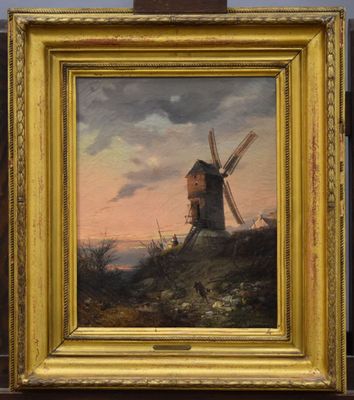 une peinture à l'huile représentant un moulin à vent sur une colline, avec un coucher de soleil en arrière-plan