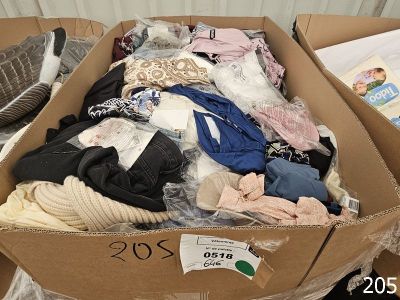 a cardboard box filled with clothes and other items