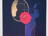 painting of a red rose in a vase with a man ' s face in the background