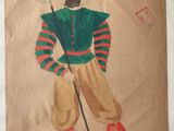 painting of a man in a green and red shirt holding a pitchfork