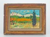 an oil painting of a landscape with trees and yellow flowers