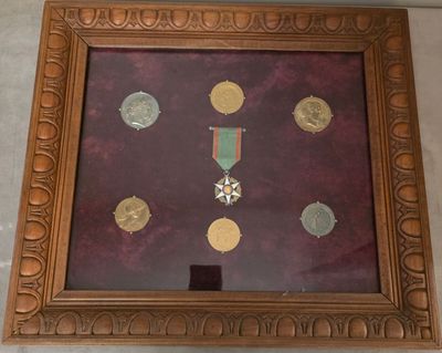 une photo d'un cadre contenant des médailles et des médailles