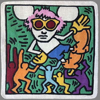tableau représentant un homme portant des lunettes de soleil et un chien, sur fond vert