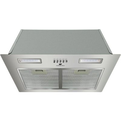 a close up of a stainless steel range hood with a light on it